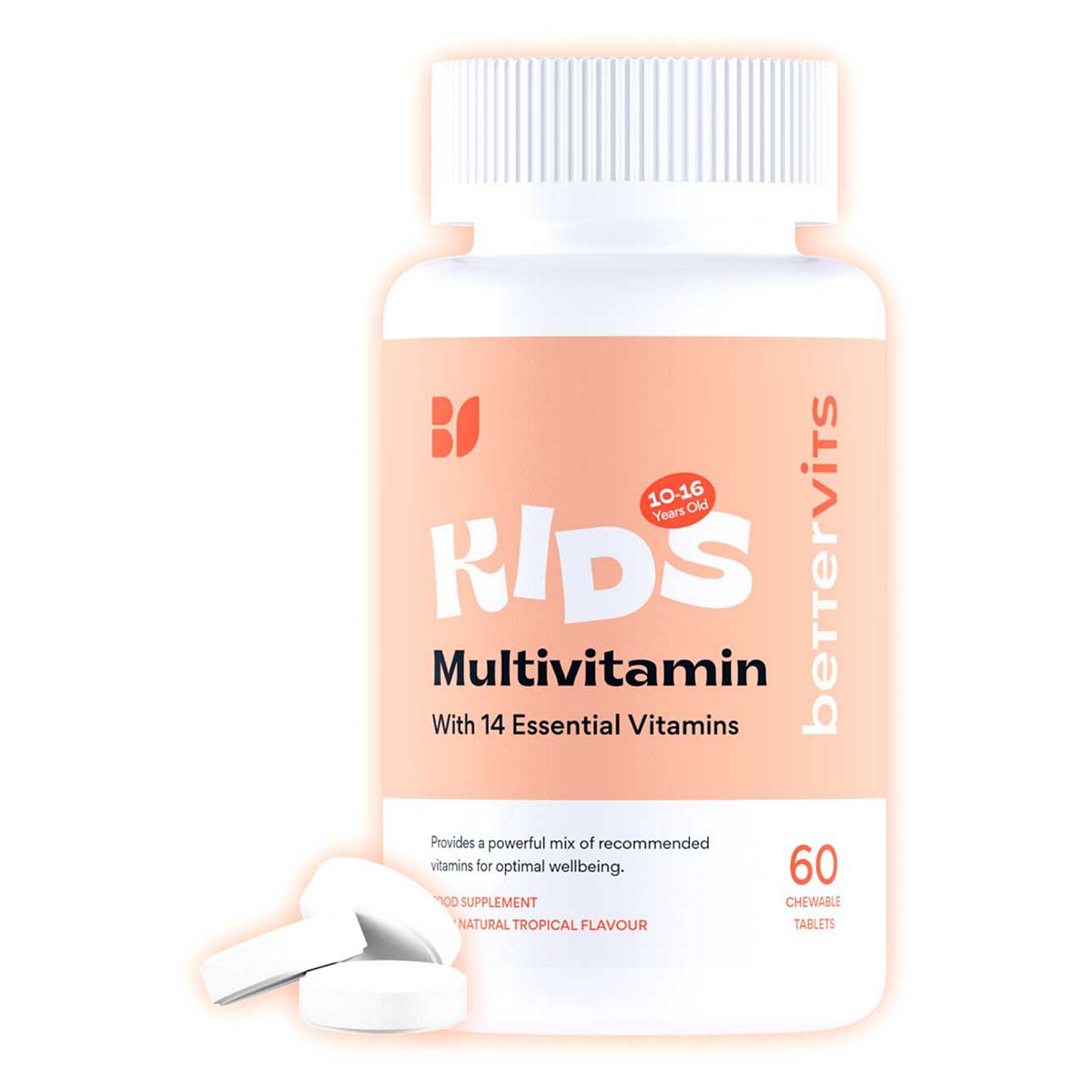 Bettervits Kids Multivitamin Chewable Tropical Flavoured Tablets,14 Essential Nutrients, 60 Tablets