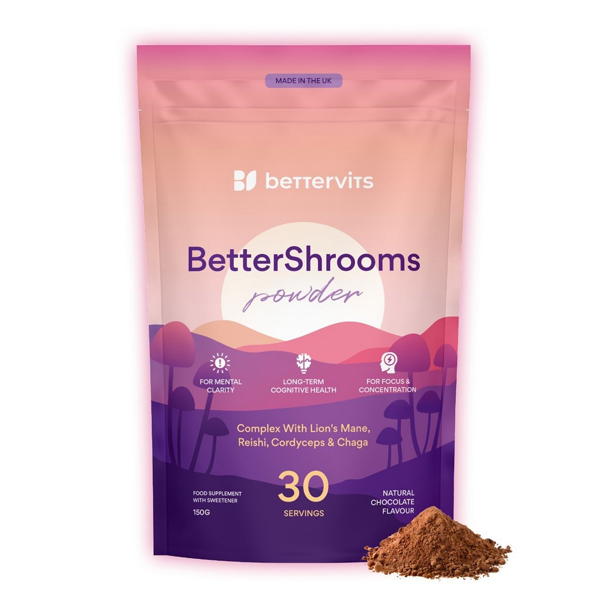 Bettervits Mushroom Powder Complex With Lion's Mane, Reishi And Cordyceps. 30 Servings (5G Serving).