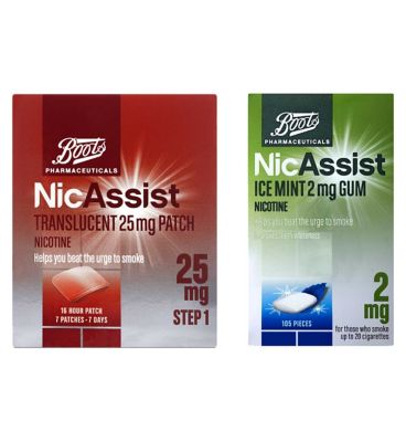 Boots NicAssist Starter Bundle:Translucent 25mg Patch 7s & Ice Mint 2mg Gum  105 PiecesBoots NicAssist Bundle: Patch & Gum