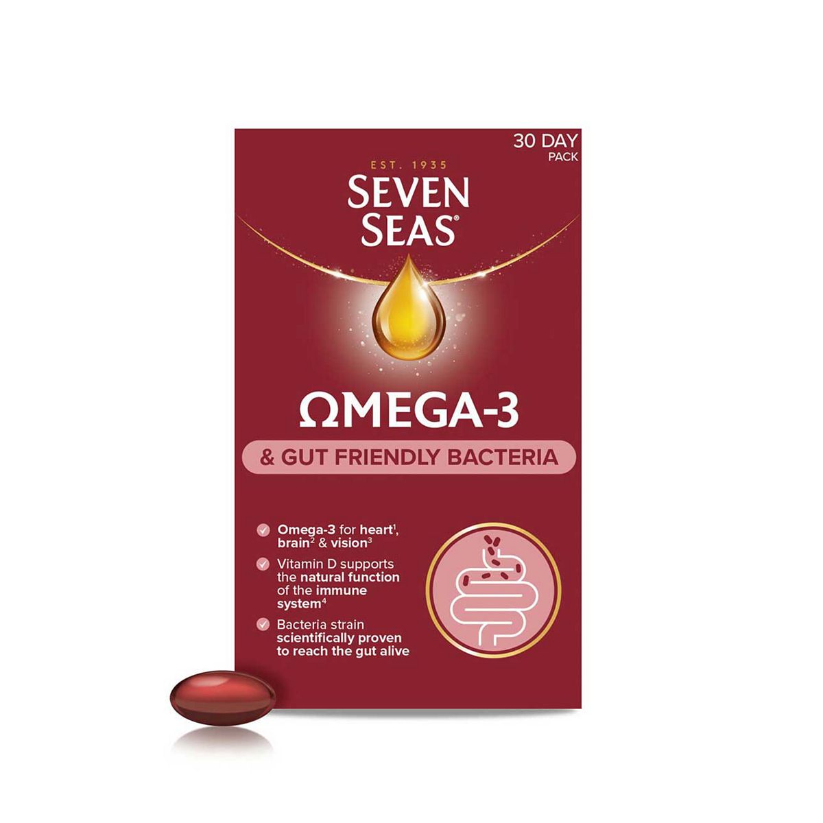Seven Seas Omega-3 & Gut Friendly Bacteria: With Vitamin D, And Bacillus Subtilis, Food Supplements, 30-Day Pack