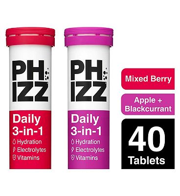 Click to view product details and reviews for Phizz Apple Blackcurrant And Mixed Berry 3 In 1 Hydration Electrolytes And Vitamins Effervescent Bundle 40 Tablets.