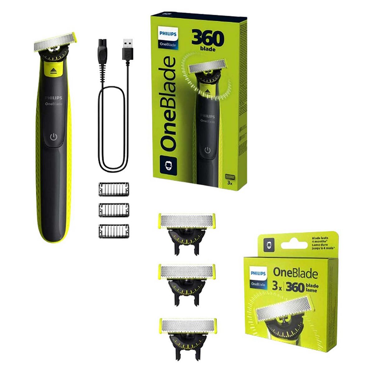 Philips One Blade 360 For Face + 3 Pack Blades Bundle