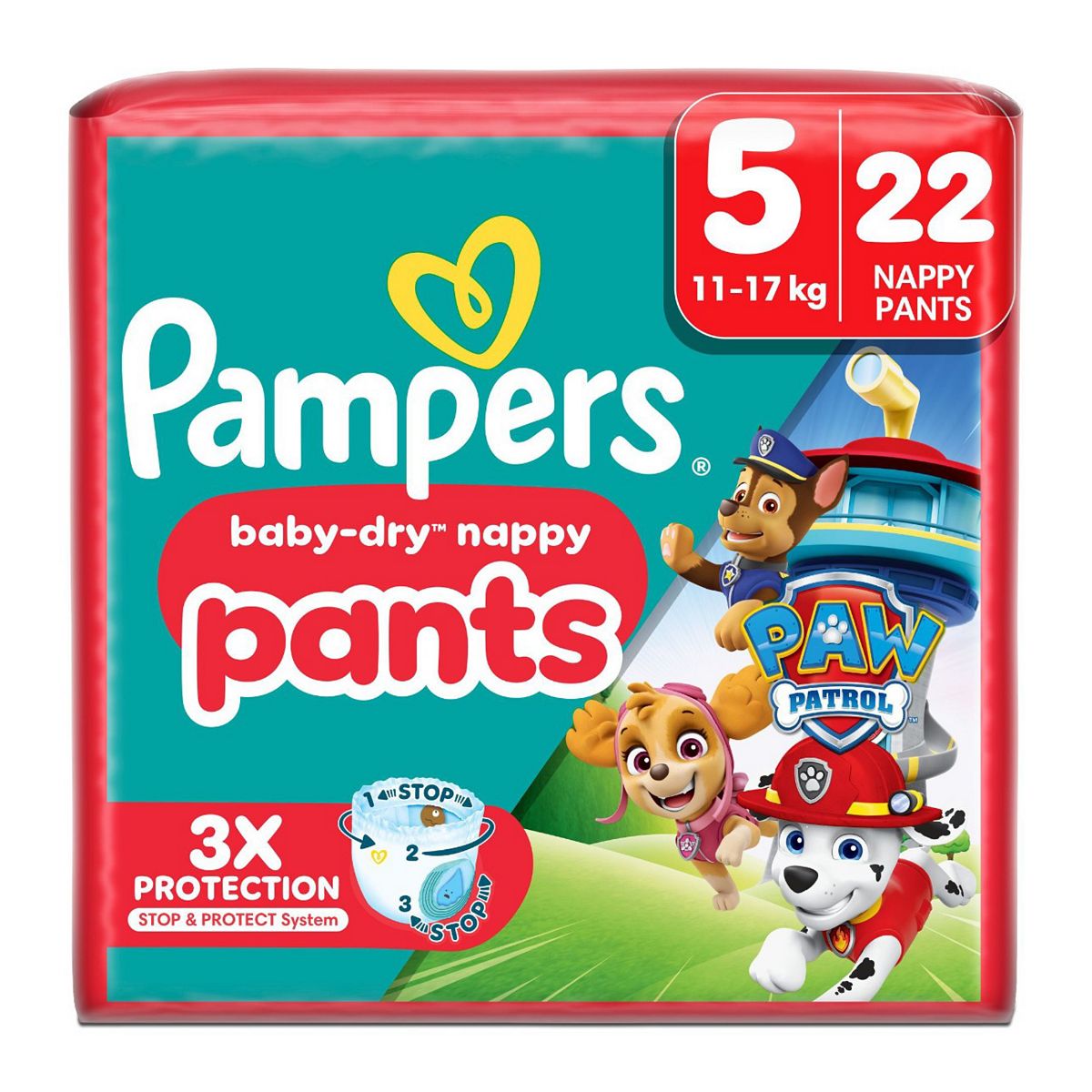 Pampers Baby-Dry Nappy Pants Paw Patrol Edition Size 5 22 Nappies 11Kg-17Kg Essential Pack