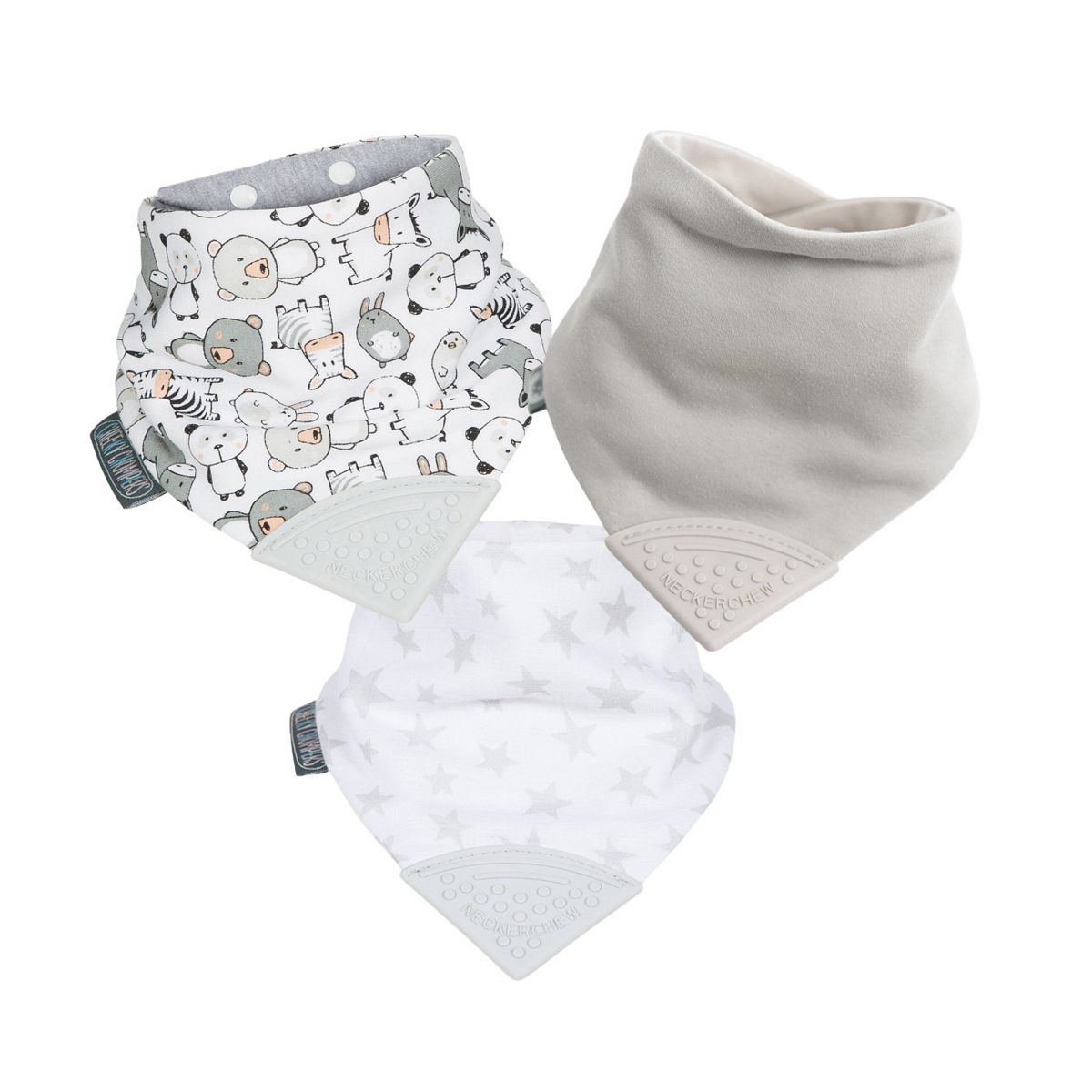 Cheeky Chompers Neckerchew Teething Bib 3 Pack - Leopard, Silver Stars, Panda