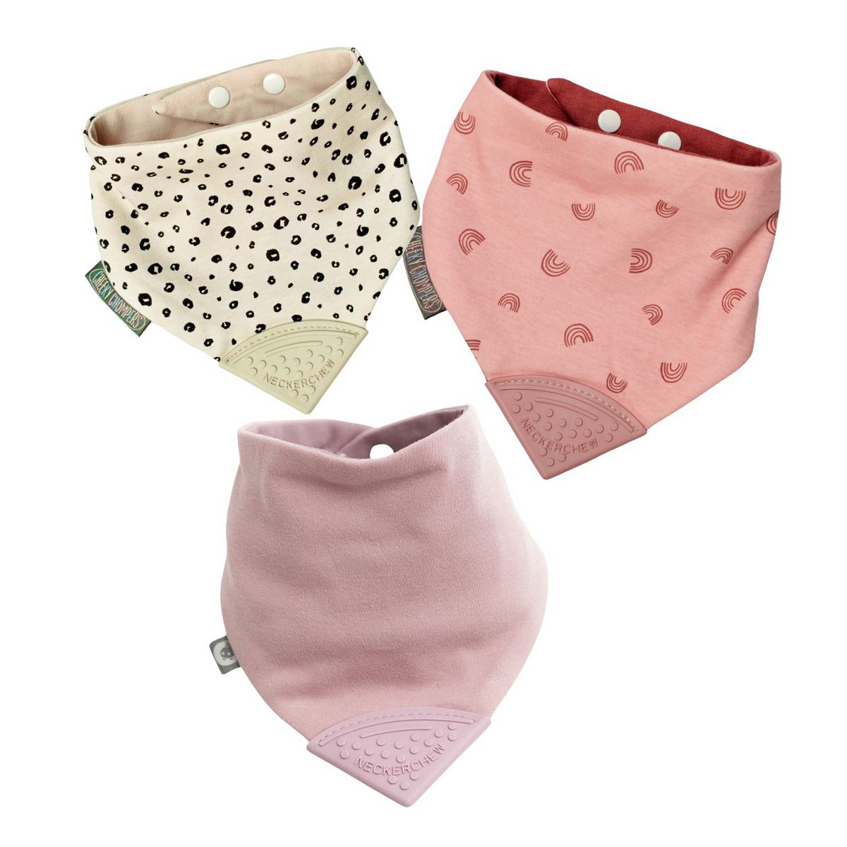 Cheeky Chompers Neckerchew Teething Bib 3 Pack - Rainbow, Leopard, Silver Stars