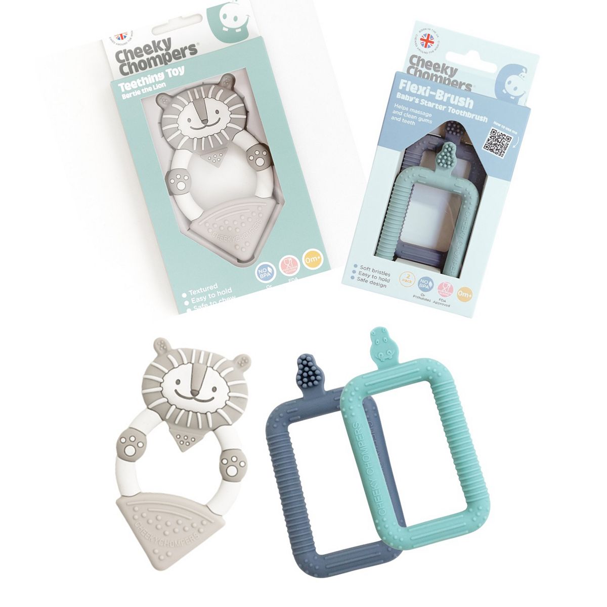 Cheeky Chompers Teething Brush & Chew - Neckerchew Flexibrush Starter Toothbrush 2 Pack-Bertie The Lion