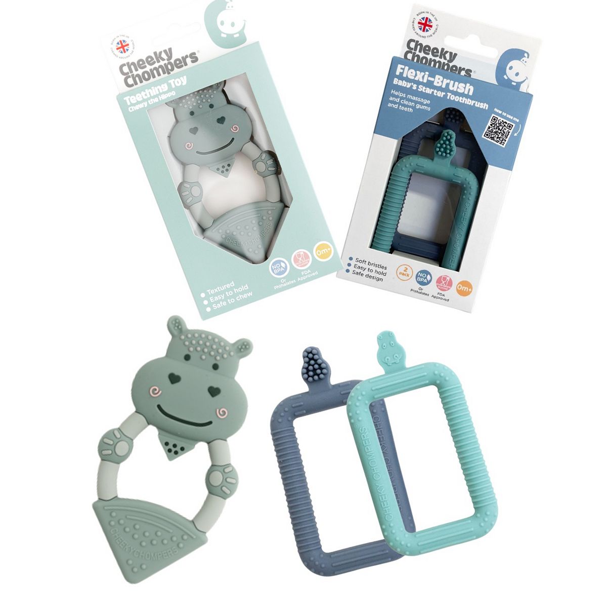 Cheeky Chompers Teething Brush & Chew - Neckerchew Flexibrush Starter Toothbrush 2 Pack-Chewy The Hippo
