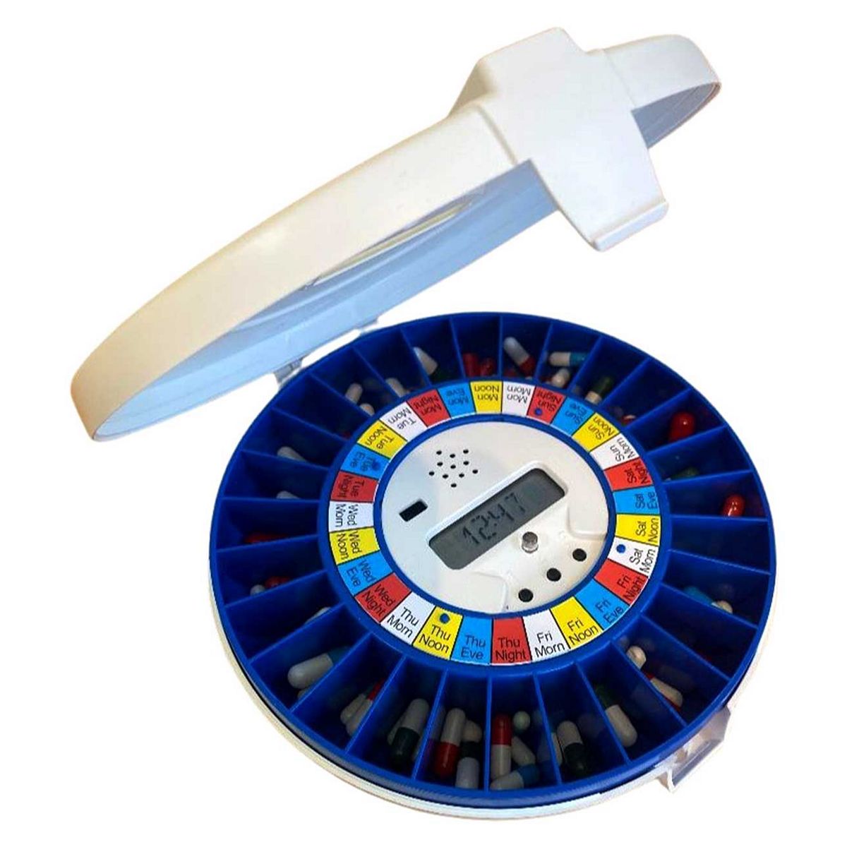 Pivotell Advance Automatic Pill Dispenser With 24 Alarms Solid White Lid & Blue Medication Tray