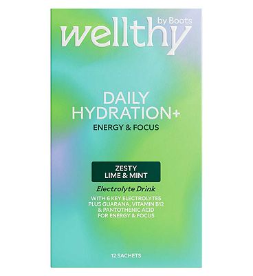 Wellthy by Boots Daily Hydration+ Electrolyte Powder Lime & Mint Flavour, Energy and Focus - 12 Sachets (2)