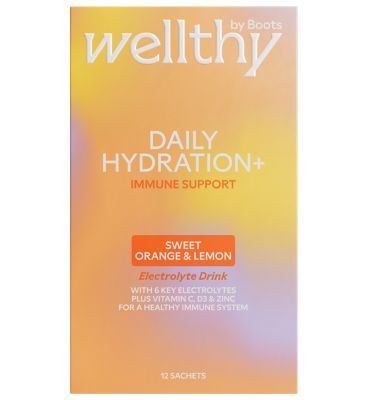Wellthy by Boots Daily Hydration+ Electrolyte Powder, Sweet Orange & Lemon Flavour, Immune Support - 12 Sachets