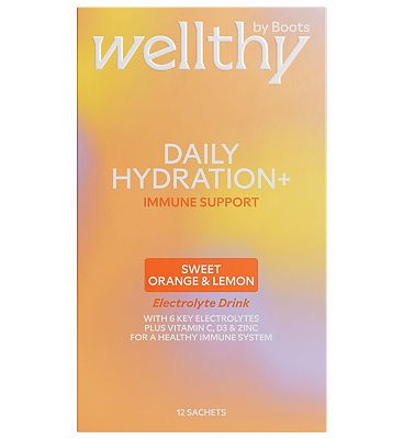 Wellthy By Boots Daily Hydration+ Electrolyte Powder, Sweet Orange & Lemon Flavour, Immune Support - 12 Sachets