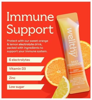 Wellthy by Boots Daily Hydration+ Electrolyte Powder, Sweet Orange & Lemon Flavour, Immune Support - 12 Sachets (2)