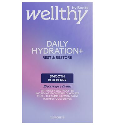 Wellthy by Boots Daily Hydration+ Electrolyte Powder, Smooth Blueberry Flavour, Rest & Restore - 12 Sachets