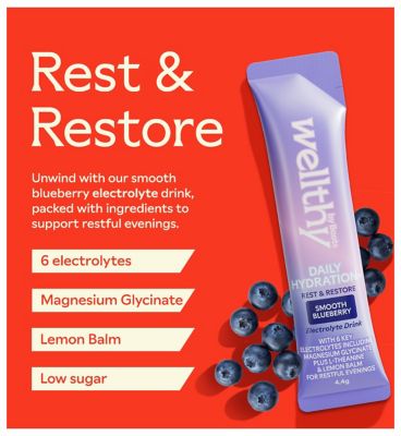 Wellthy by Boots Daily Hydration+ Electrolyte Powder, Smooth Blueberry Flavour, Rest & Restore - 12 Sachets (2)