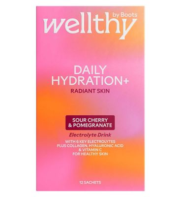 Wellthy by Boots Daily Hydration+ Electrolyte Powder, Sour Cherry & Pomegranate Flavour, Radiant Skin - 12 Sachets