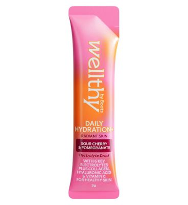 Wellthy by Boots Daily Hydration+ Electrolyte Powder, Sour Cherry & Pomegranate Flavour, Radiant Skin - 12 Sachets (2)