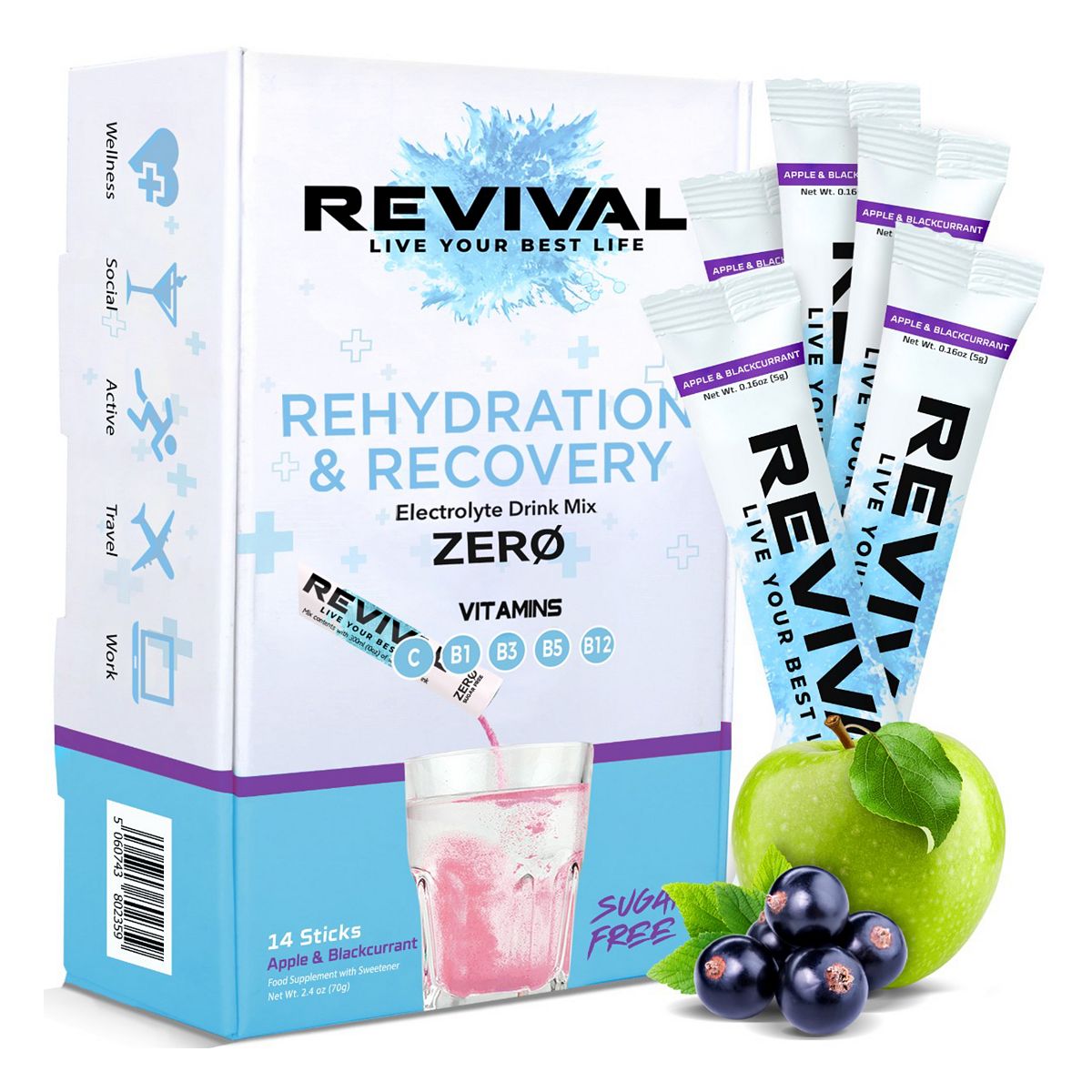 Revival Zero Sugar Rehydration – Electrolyte Powder Sachet Apple & Blackcurrant - 14 Pack