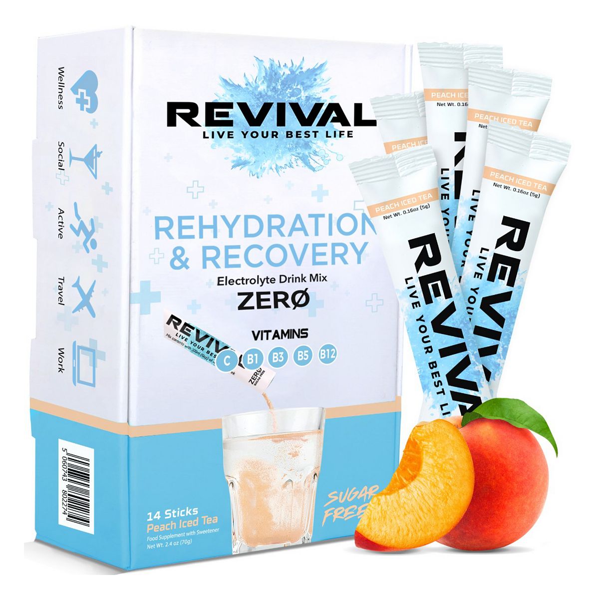 Revival Zero Sugar Rehydration – Electrolyte Powder Sachet Peach Iced Tea - 14 Pack