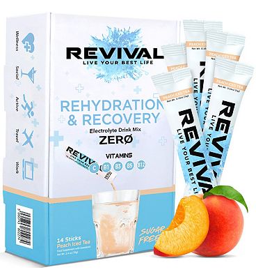 Revival Drinks Ltd Revival Zero Sugar Rehydration – Electrolyte Powder Sachet Peach Iced Tea, 14 Pack
