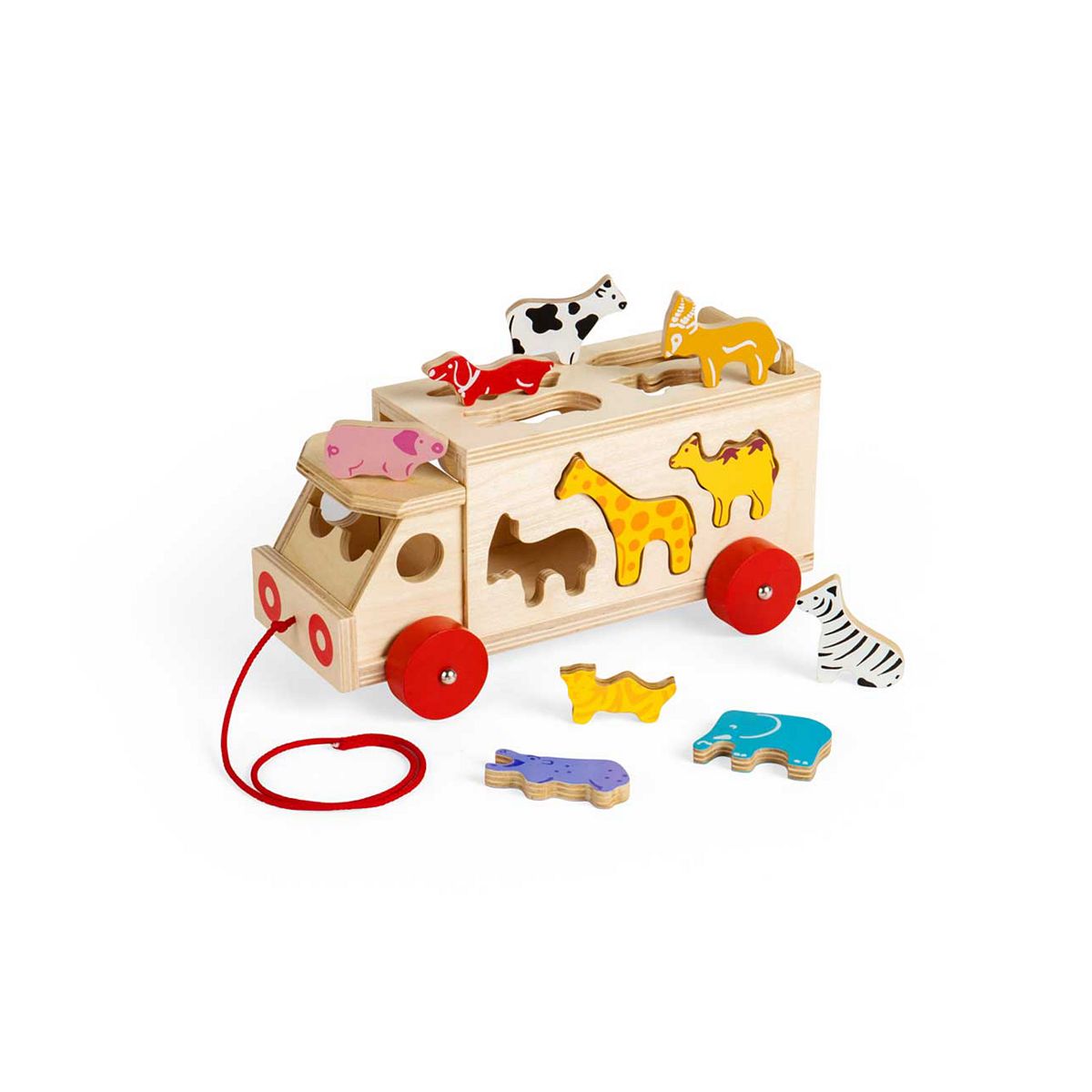 Bigjigs Toys Wooden Animal Shape Sorter Pull Along Lorry - Red - Image 3