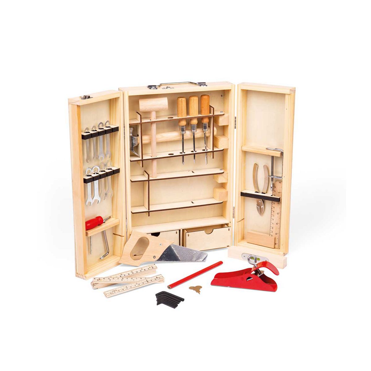 Bigjigs Toys Junior Kids Wooden Tool Box - 28 Functional Tools
