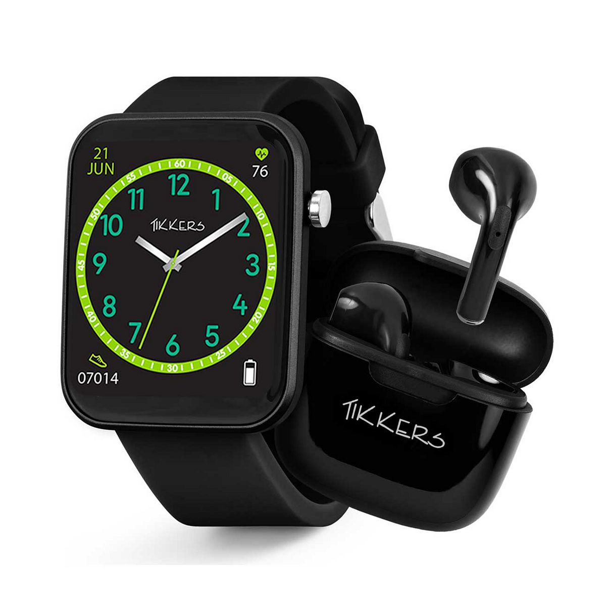 Tikkers Smart Series 13 Black Silicone Strap Watch & Earbuds Set