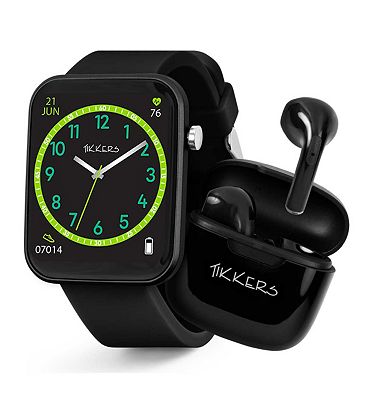 Tikkers Smart Series 13 Black Silicone Strap Smart Watch & Earbuds Set
