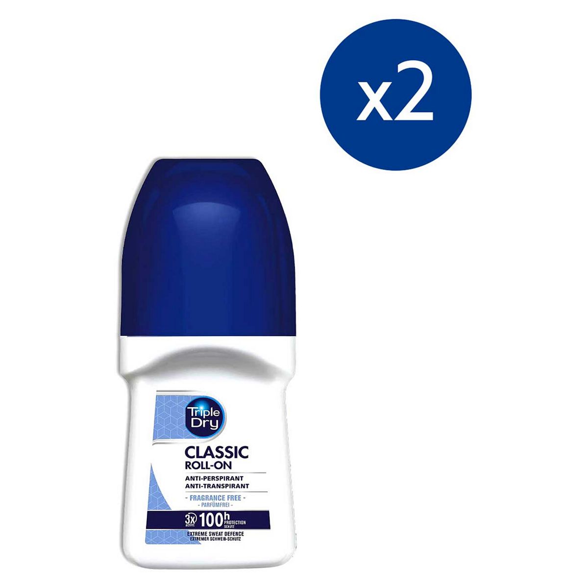Triple Dry Classic Fragrance Free Anti-Perspirant Roll On 50Ml 100Hr X2 Bundle
