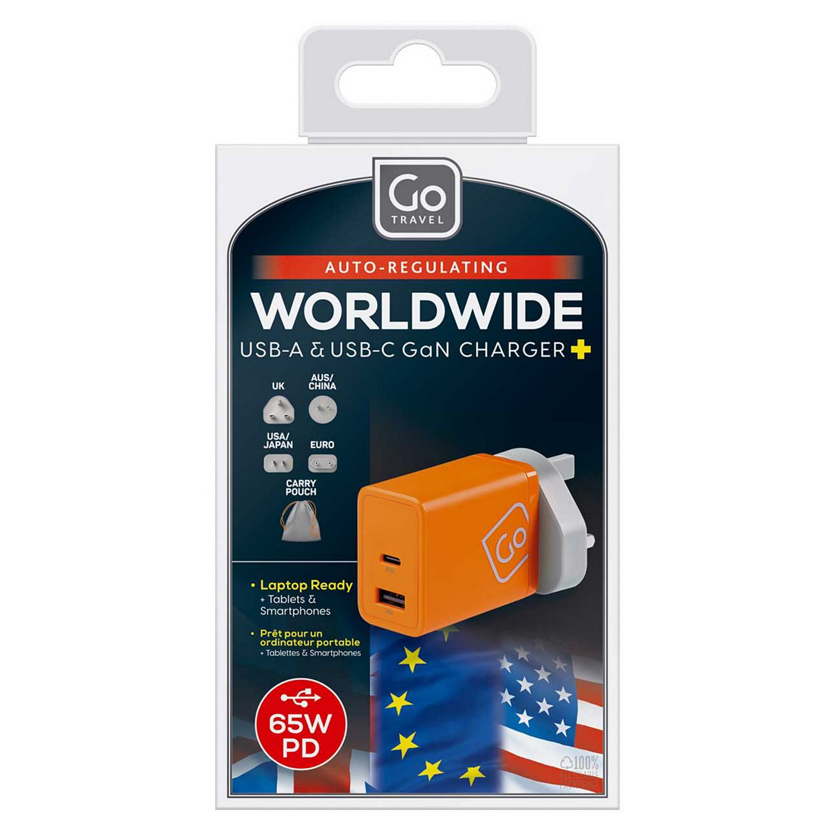 Go Travel Worldwide Usb-A & Usb-C Gan Charger + 65 Watt Power Delivery