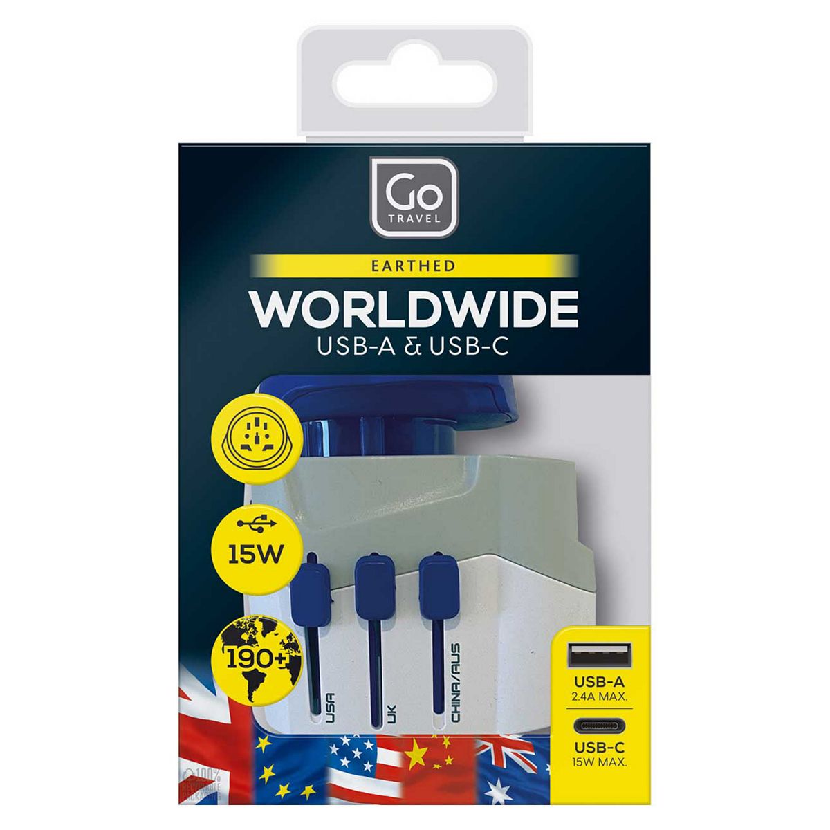 Go Travel Worldwide Adaptor + Usb-A & Usb-C
