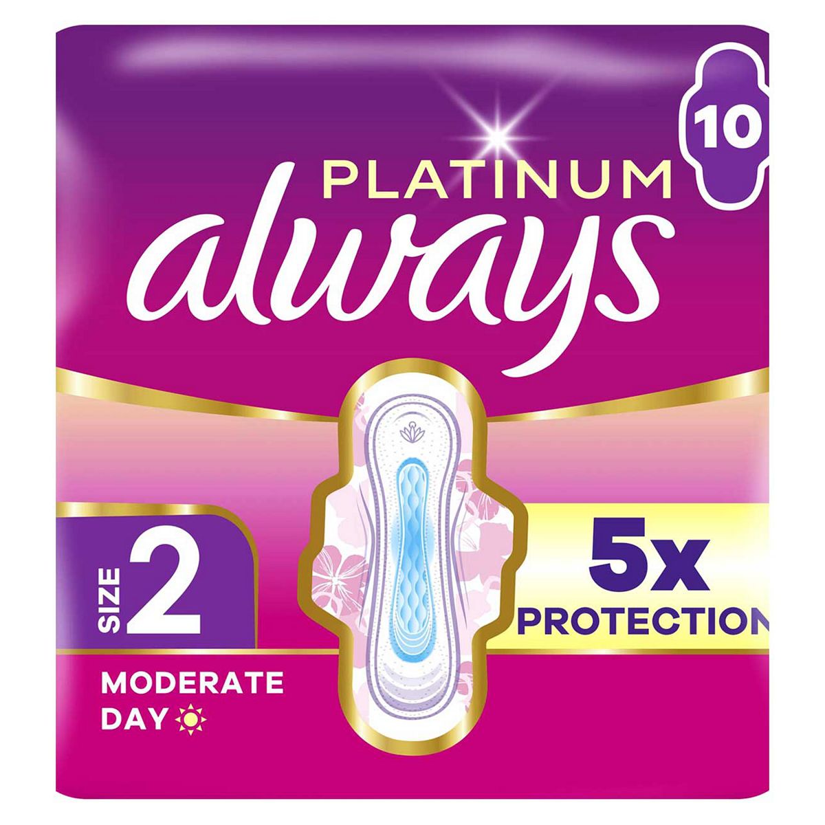 Always Platinum Sanitary Towels Moderate Flow Day (Size 2) Wings 10 Pads