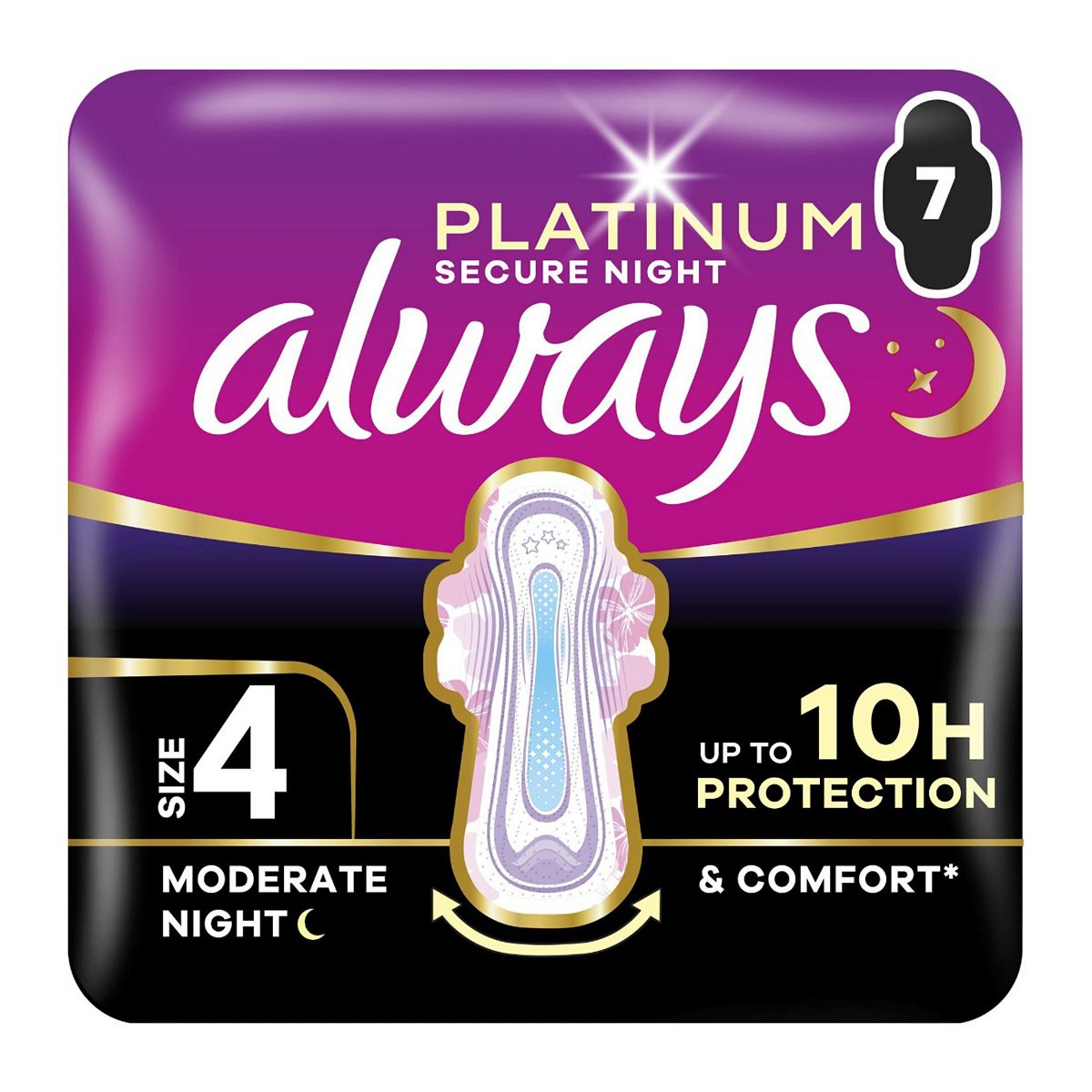 Always Platinum Sanitary Towels Moderate Flow Night Size 4 Wings 7 Pads