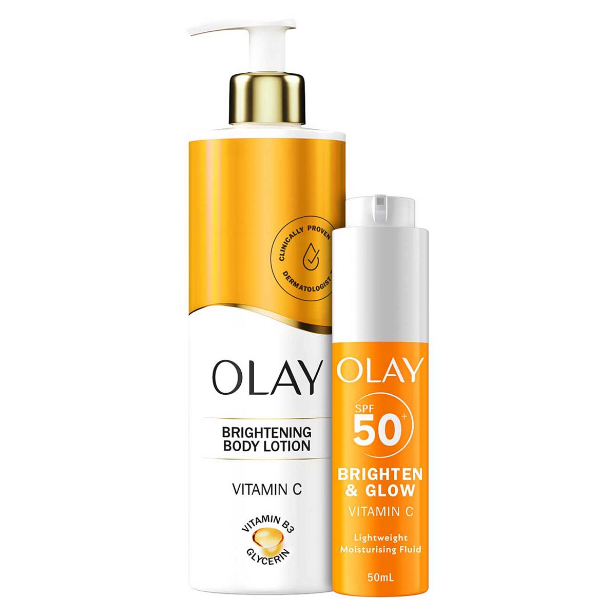 Olay Vitamin C Brightening Bundle Body Lotion 500Ml & 3-In-1 Moisturiser Face Fluid Spf50+ 50ml