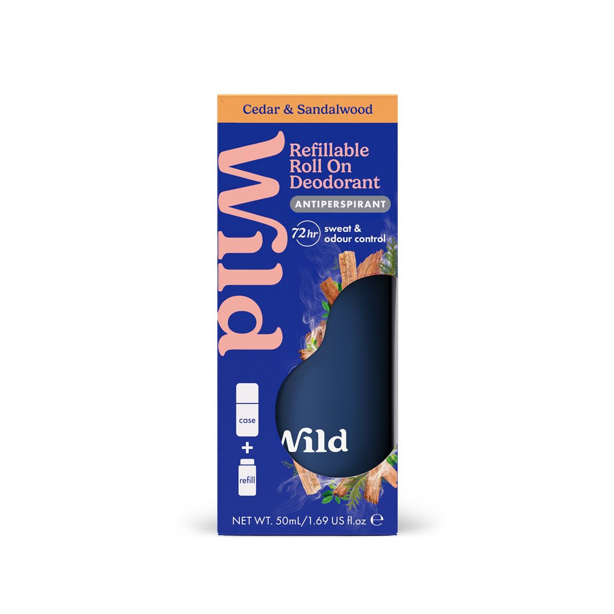 Wild Men's Navy Roll On Case + Antiperspirant Sandalwood & Cedar Refill 50Ml