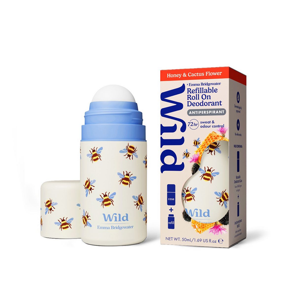 Wild Emma Bridgewater Bee Roll On Case + Antiperspirant Honey & Cactus Refill 50Ml