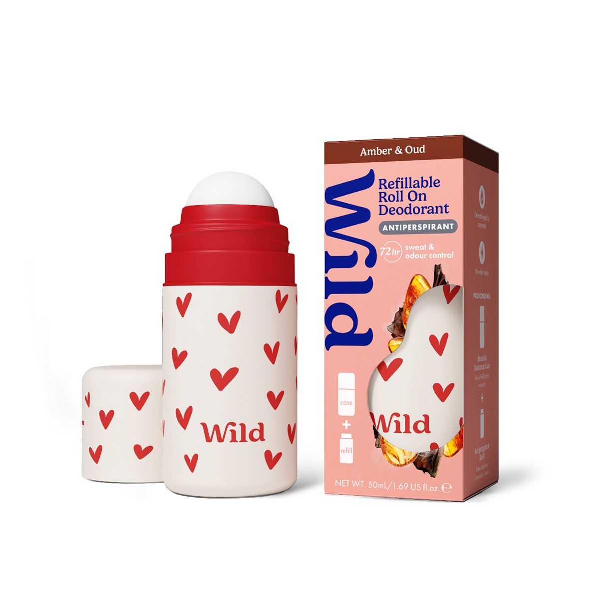 Wild Love Hearts Roll On Case + Antiperspirant Amber & Oud Refill 50Ml