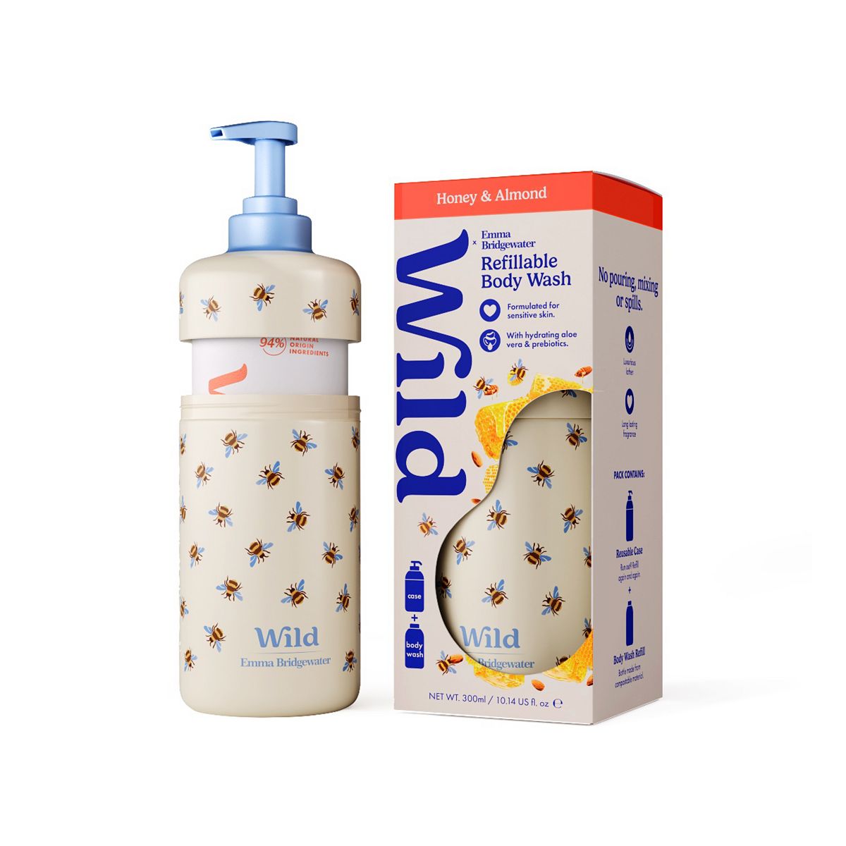 Wild Emma Bridgewater Bee Body Wash Case + Honey & Almond Refill 300ml