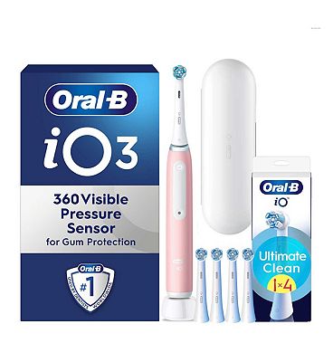 Oral B Io3 Blush Pink Electric Toothbrush + Travel Case & Io Ultimate Clean Toothbrush Heads Bundle, 4 Pack