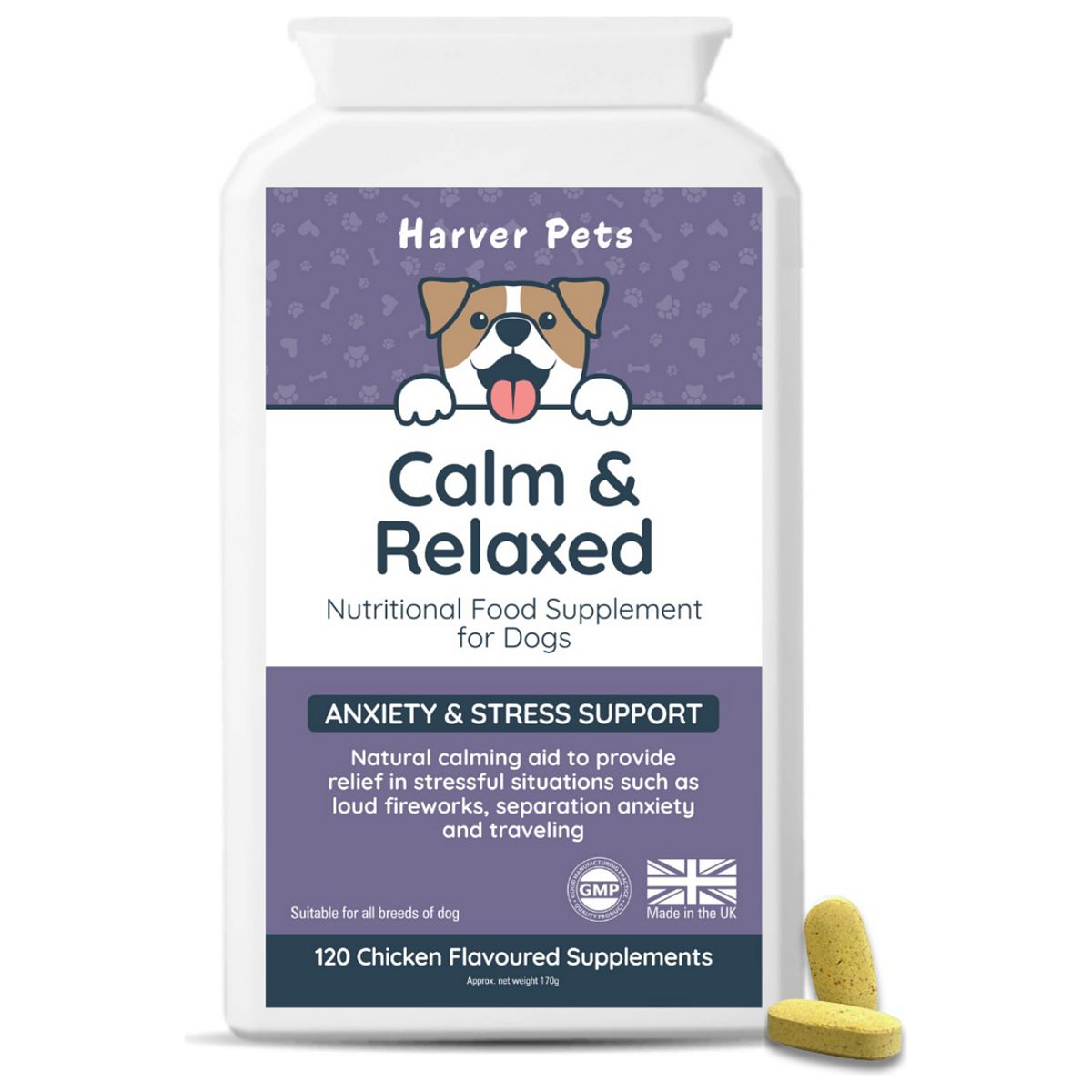 Harver Pets Calm And Relaxed Anxiety Supplement For Dogs Chicken Flavoured 120 Tablets