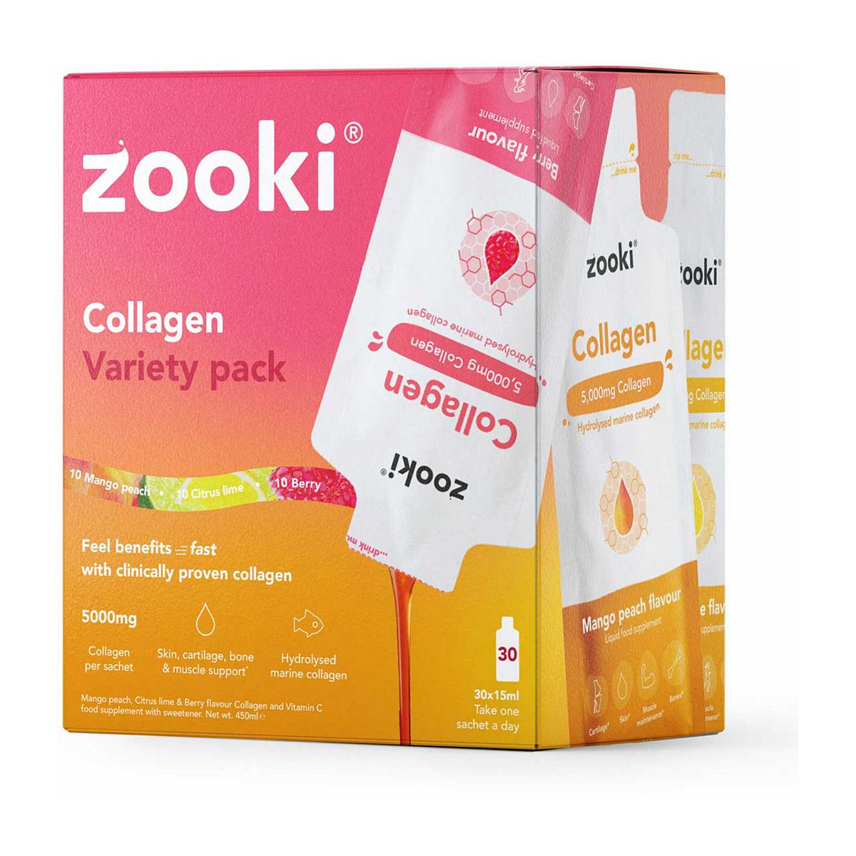 Zooki Marine Collagen 5,000Mg, Variety Pack - 30X15ml Liquid Sachets, 5000Mg