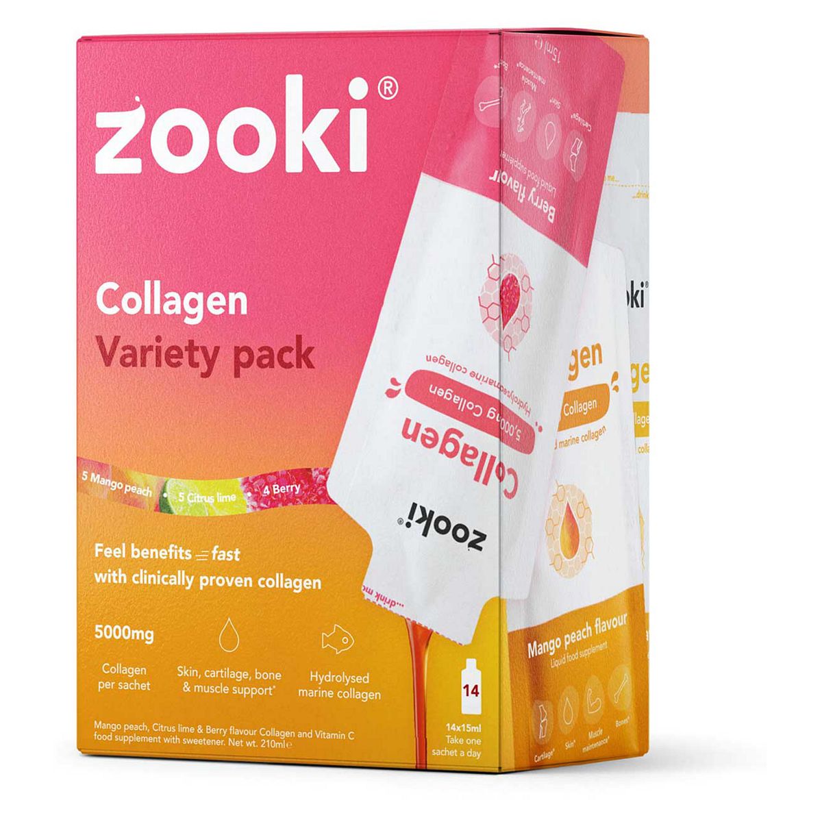 Zooki Marine Collagen 5,000Mg, Variety Pack - 14X15ml Liquid Sachets, 5000Mg