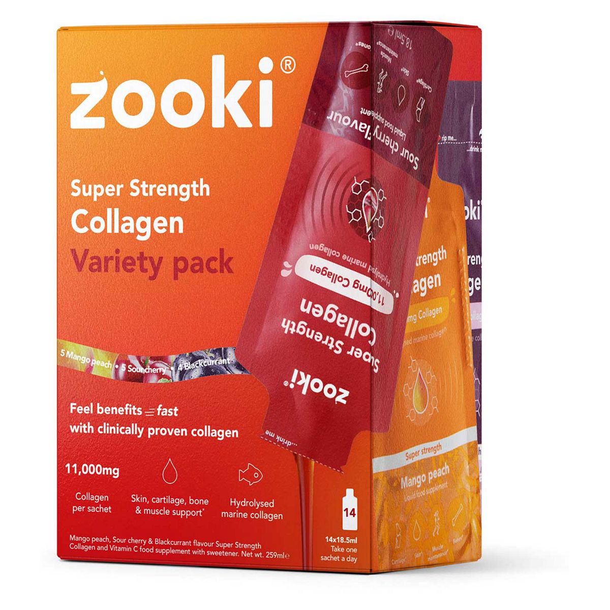 Zooki Super Strength Marine Collagen 11,000Mg, Variety Pack - 14X18.5ml Liquid Sachets
