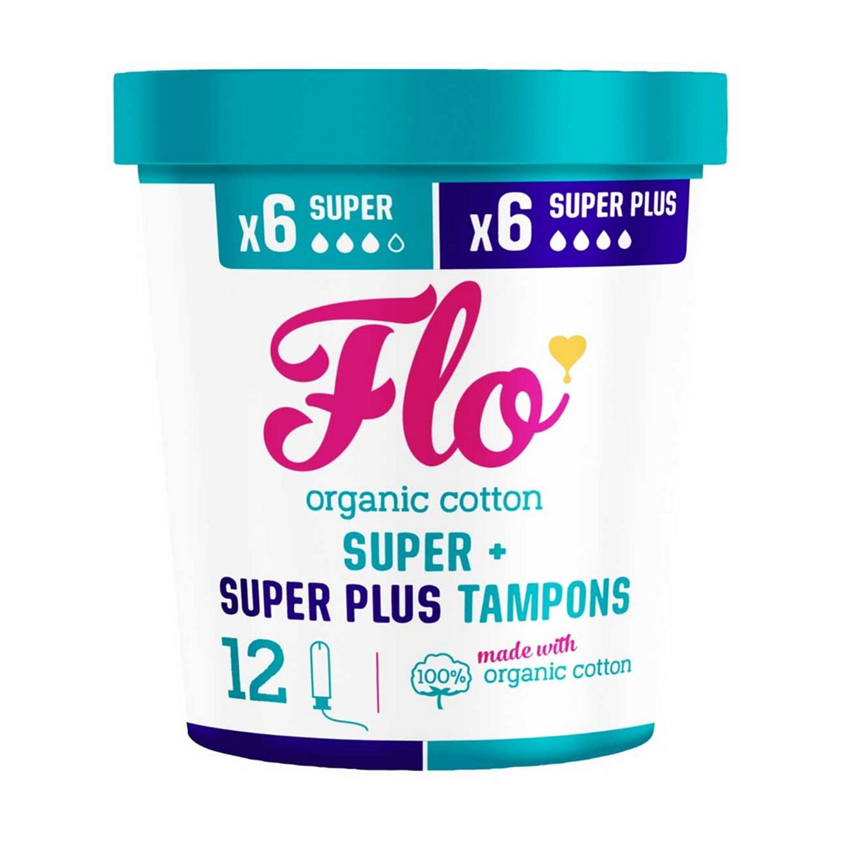 Flo Organic Cotton Applicator Tampon Combo Pack 6 Super + Plus Tampons