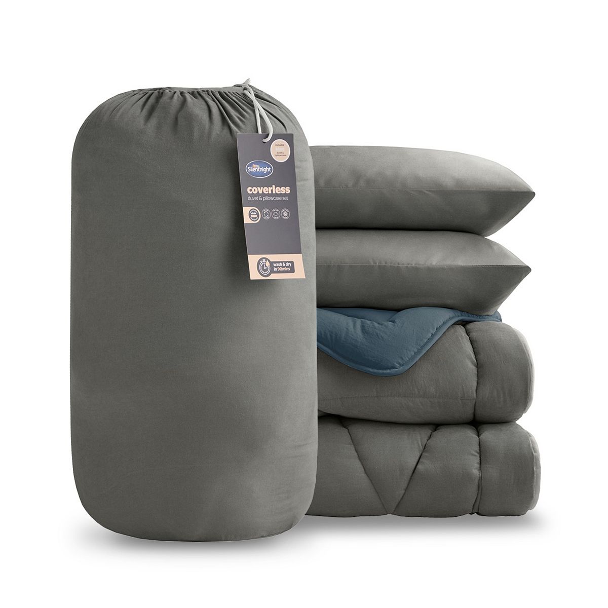 Silentnight Washed 10.5 Tog Coverless Duvet And Pillowcase Set Blue/Charcoal Double