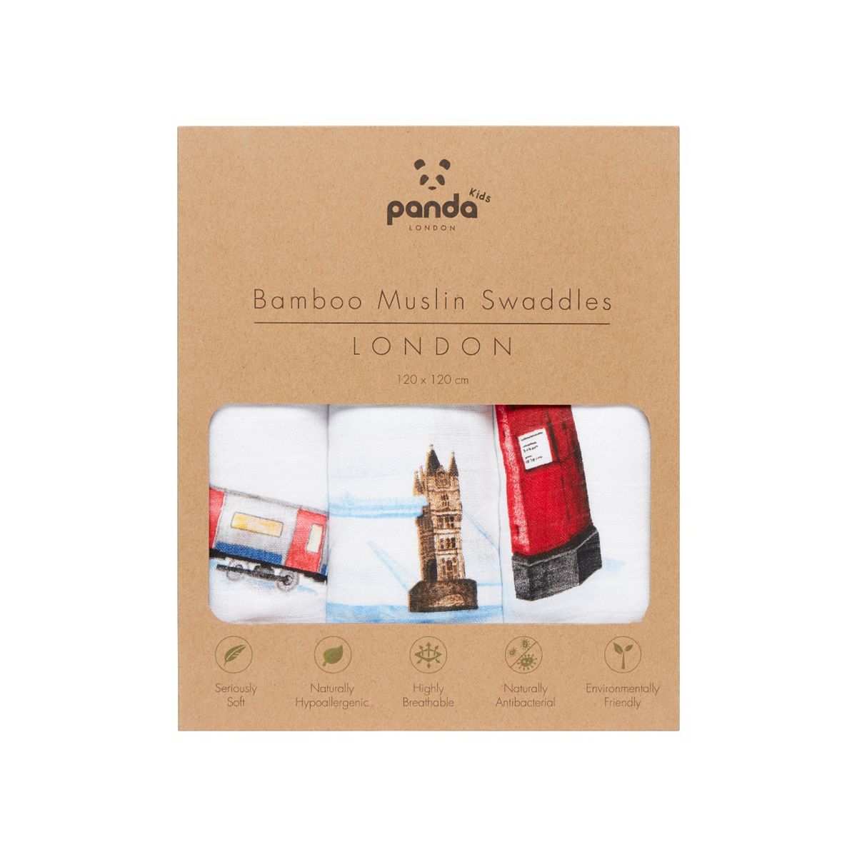 Panda Kids Bamboo Muslin Swaddles London 3 Pack