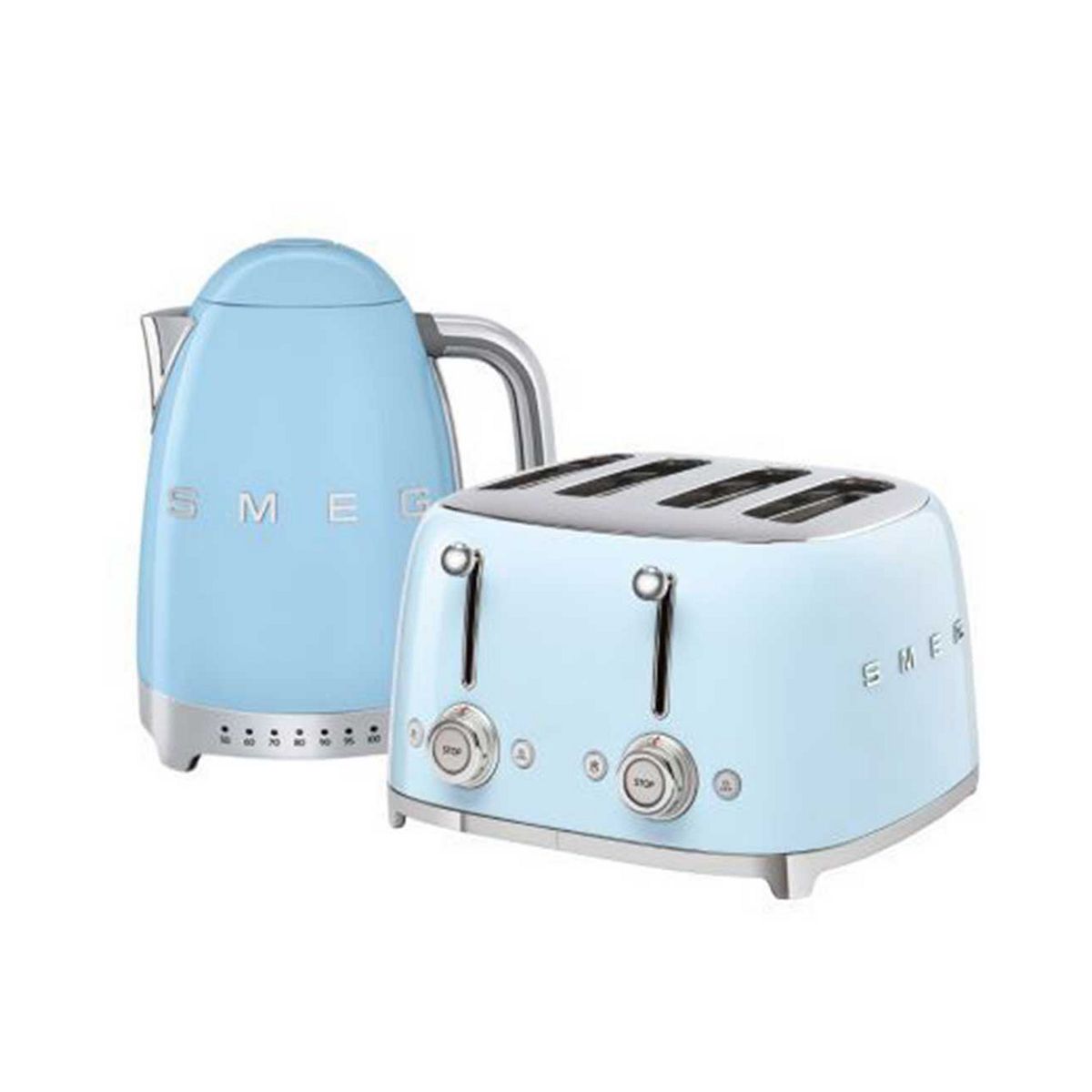 Smeg Kettle And 50S 4 By Slice Toaster In Pastel Blue
