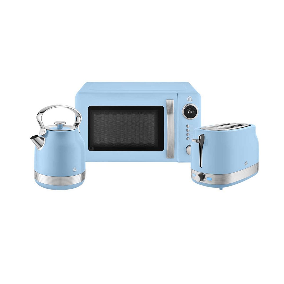 Swan Retrorevive Traditional 1.7L Kettle, 2 Slice Toaster And 20L Microwave Blue Chrome Trim