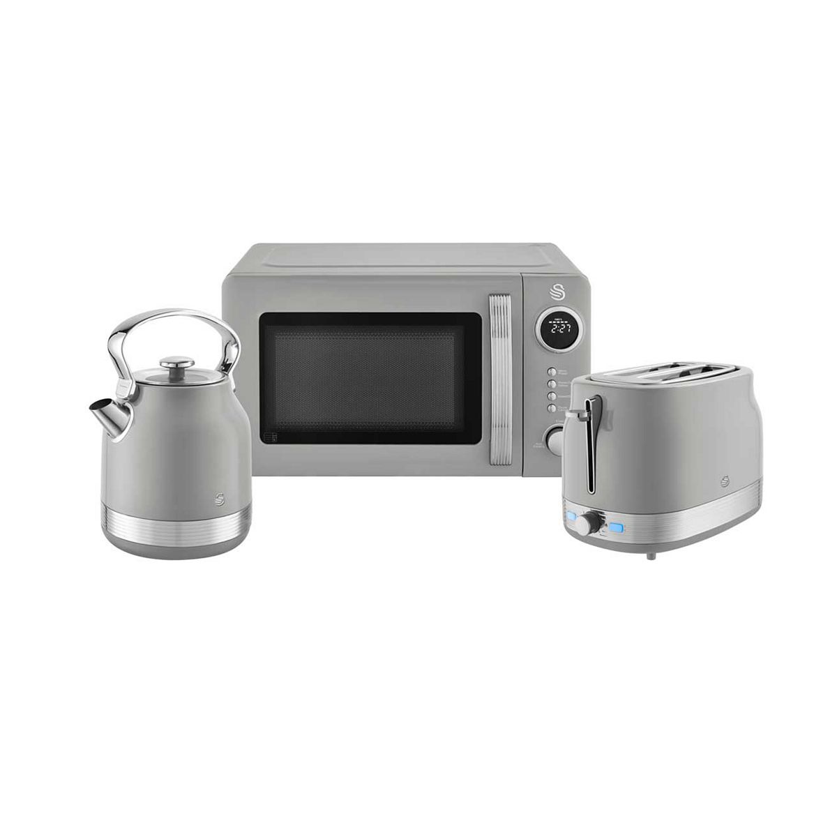 Swan Retrorevive Traditional 1.7L Kettle, 2 Slice Toaster And 20L Microwave Grey Chrome Trim