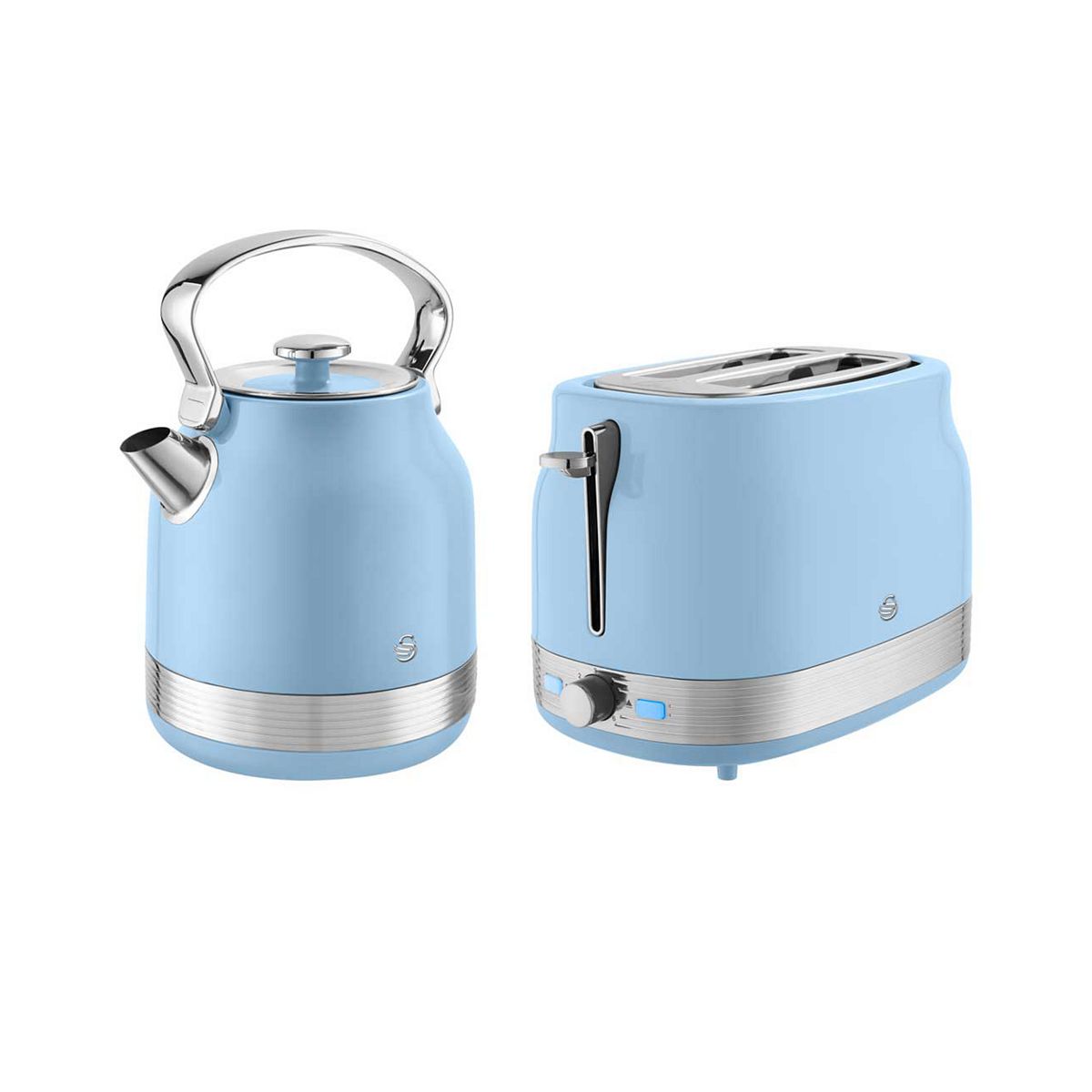 Swan Retrorevive Traditional Kettle 1.7L 3Kw And 2 Slice Toaster Chrome Trim Blue