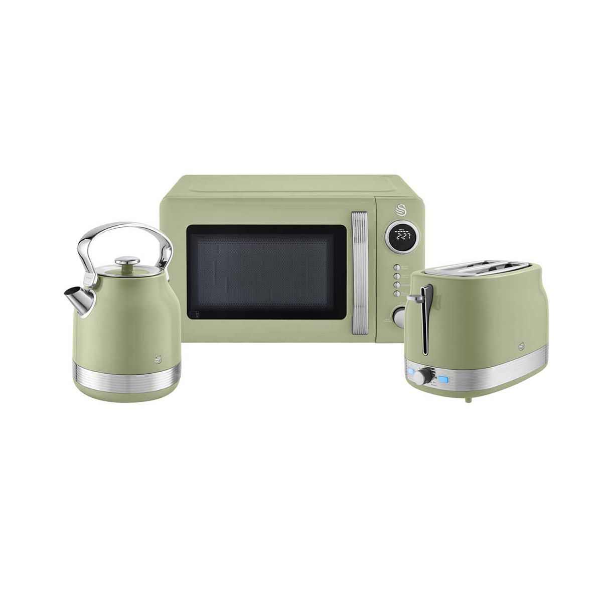 Swan Retrorevive Traditional 1.7L Kettle, 2 Slice Toaster And 20L Microwave Green Chrome Trim